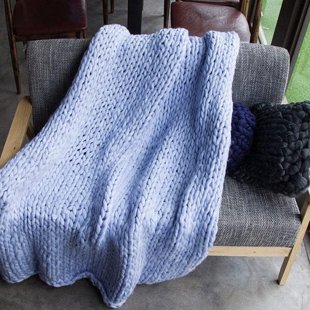Plaid en Grosse Maille de Laine Bleu Ciel / 100x200 cm
