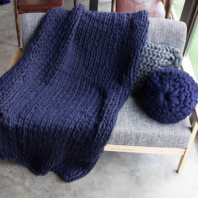 Plaid en Grosse Maille de Laine Bleu Marine / 100x200 cm