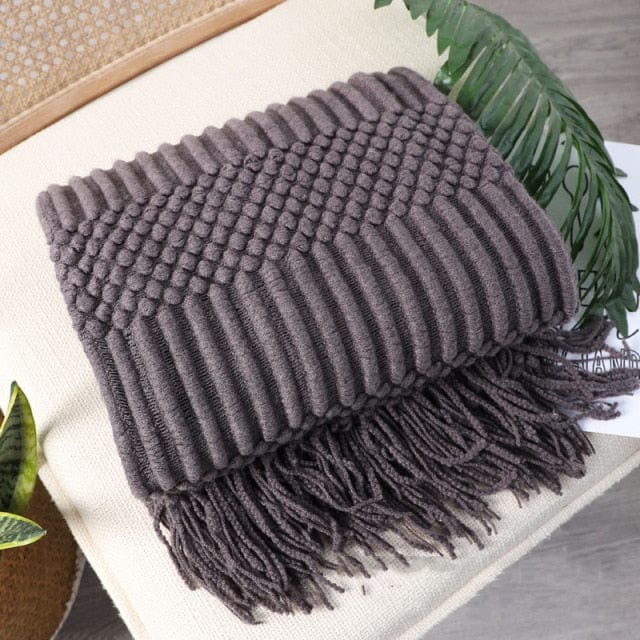 Plaid Scandinave Cocooning à Franges - Collection Cosy Chic Gris Foncé / 130x150 cm