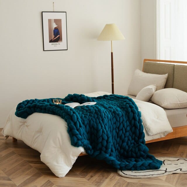 Plaid Grosse Maille Bleu Canard - Luxe et Confort