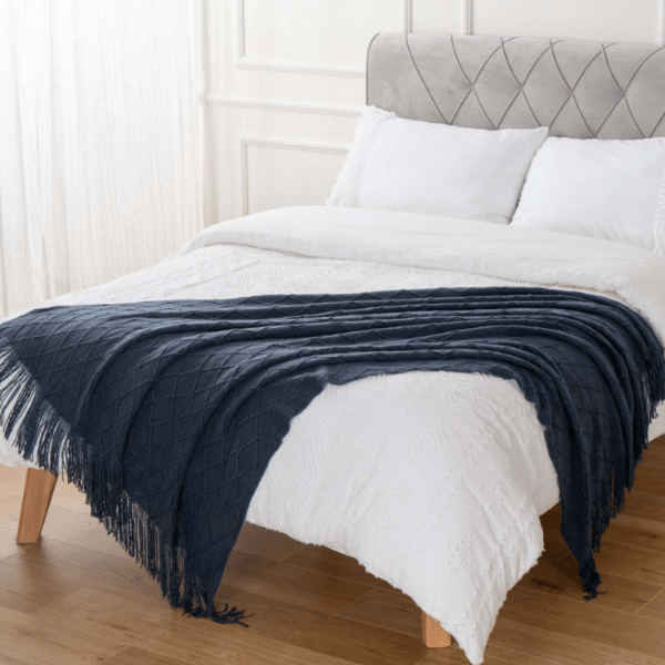 Plaid Laine Élégant Bleu Marine Prestige