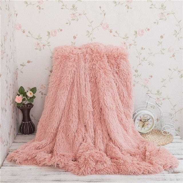 Plaid Luxueux en Fausse Fourrure à Poils Longs Rose poudré / 130x160cm