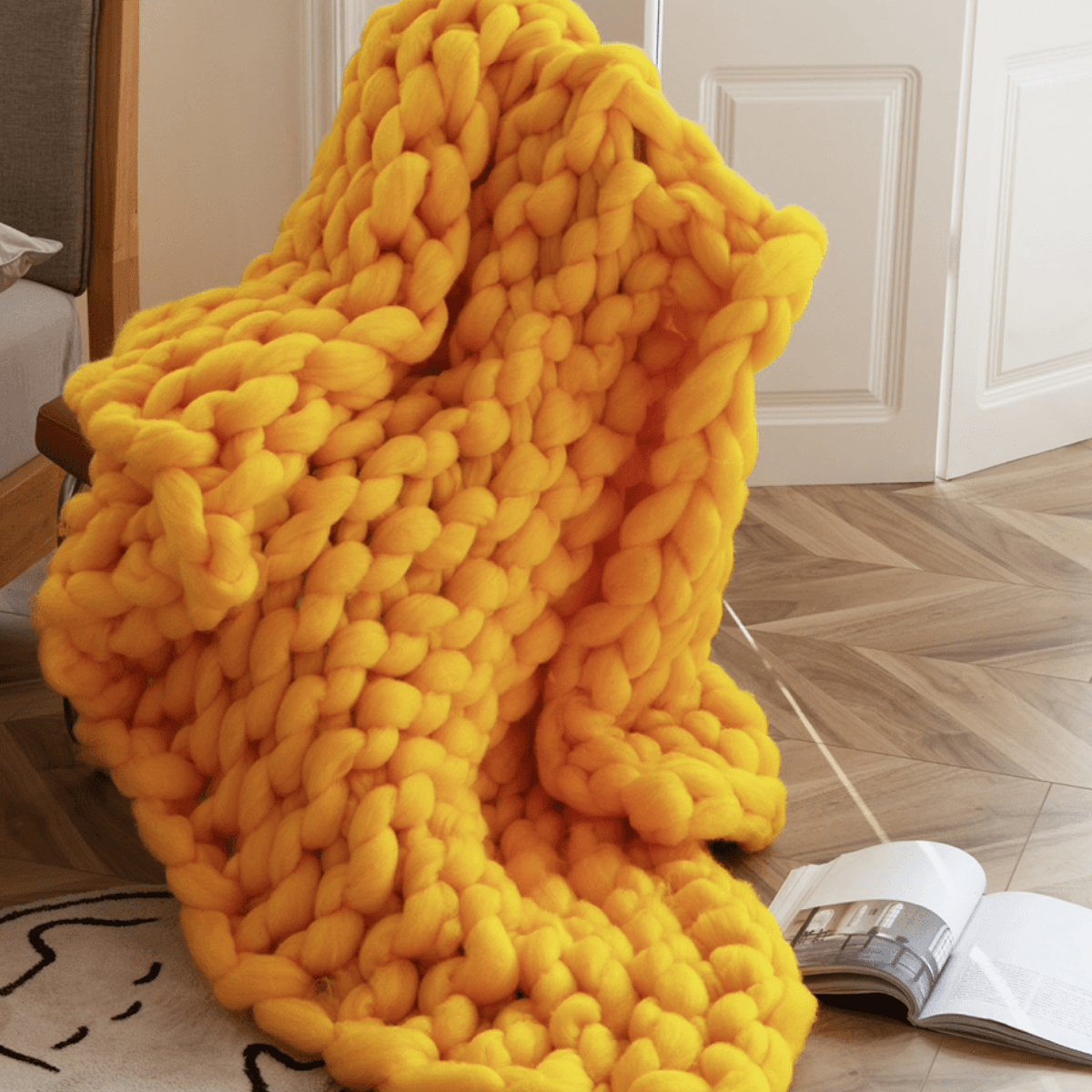 Plaid en Maille Géante Cocon Jaune Taille S/M - 100x150 cm