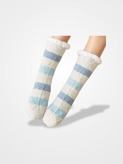 Chausson Chaussette Rayure Femme - Collection Rayures Élégantes  Blanc & Bleu / Taille Unique