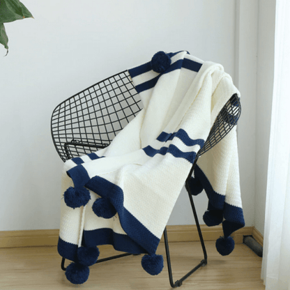 Plaid en Laine à Rayures  Blanc et Bleu / Taille M - 130x160 cm