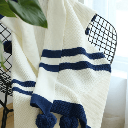 Plaid en Laine à Rayures  Blanc et Bleu / Taille M - 130x160 cm