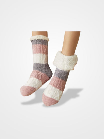 Chausson Chaussette Rayure Femme - Collection Rayures Élégantes  Blanc & Mauve / Taille Unique
