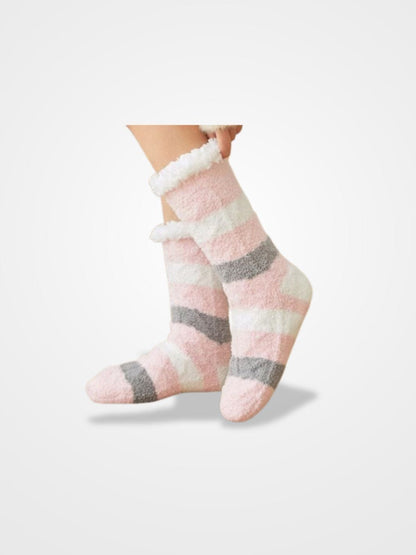 Chausson Chaussette Rayure Femme - Collection Rayures Élégantes  Gris & Rose / Taille Unique