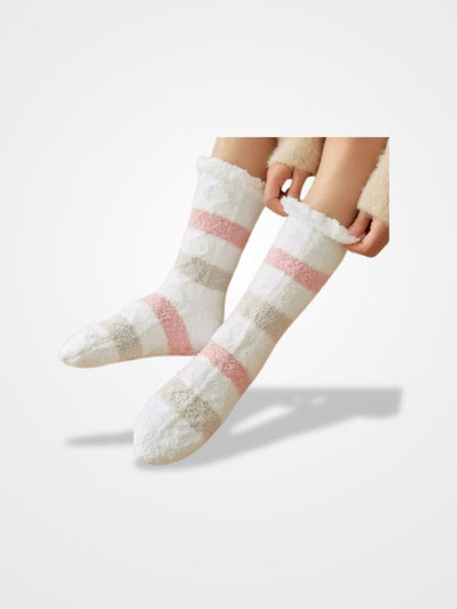 Chausson Chaussette Rayure Femme - Collection Rayures Élégantes  Rose & Blanc / Taille Unique